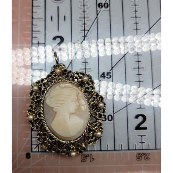 Vermeil Carved Shell Cameo Pendant Faux Pearl Accent Gold Tone Sterling Silver - Picture 3 of 14